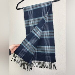 VTG Christian Dior Monsieur Cashmaire Stole Fringe Plaid Scarf Blue Tan White